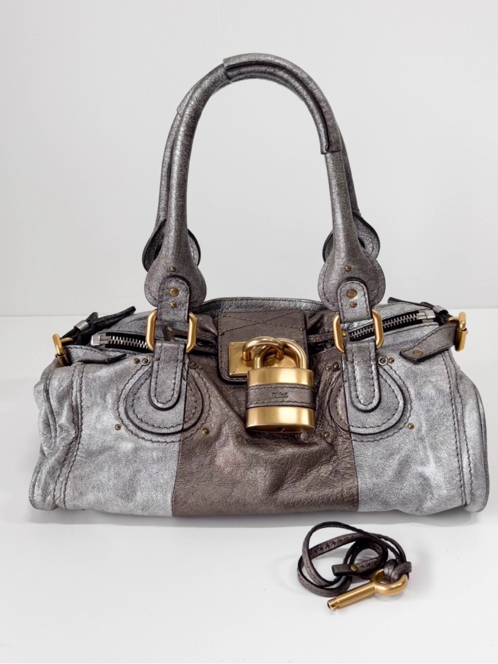 Auth RARE Chloe Paddington Two-Tone Metallic Silver gunmetal Leather Satchel COA